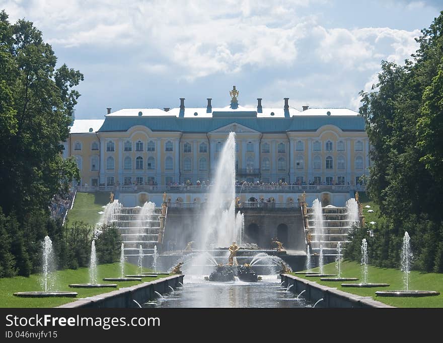 Grand Cascade Fountains at Peterhof Palace garden, St. Petersburg. Russia