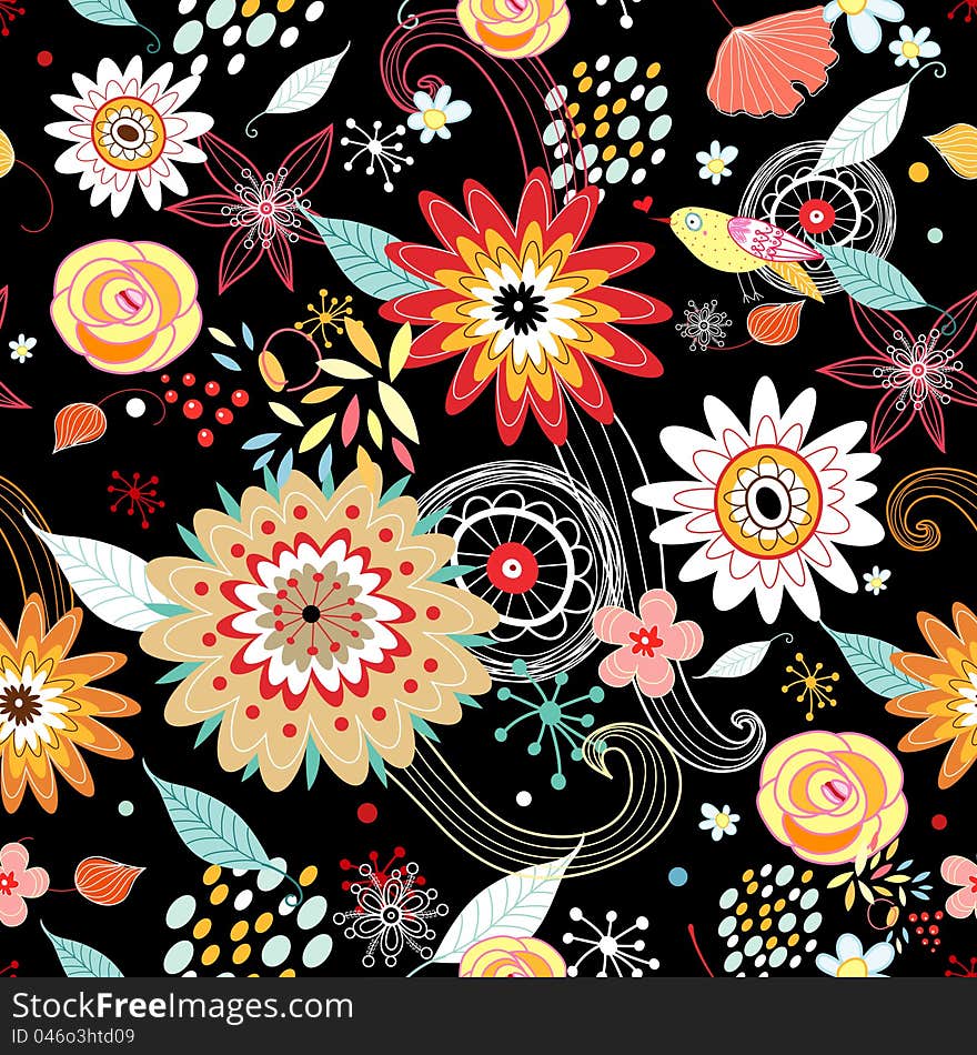 Seamless pattern with autumn flowers and bird on a black background. Seamless pattern with autumn flowers and bird on a black background