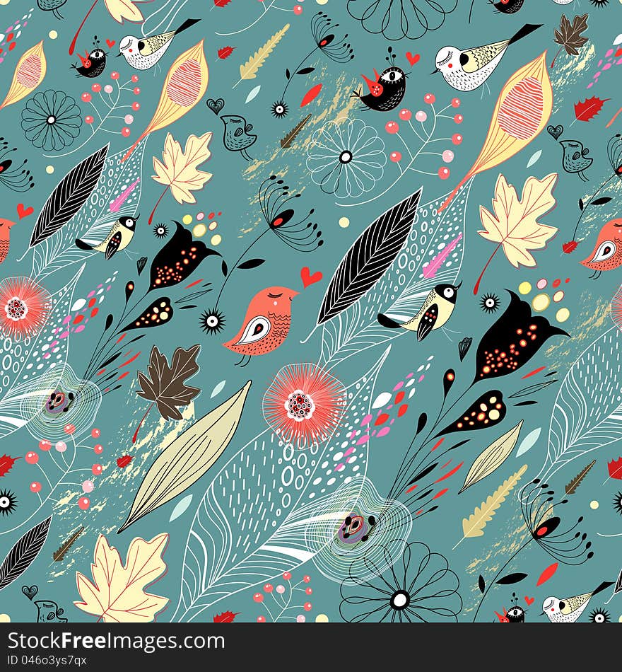 Seamless pattern of autumn leaves and birds on a blue background. Seamless pattern of autumn leaves and birds on a blue background