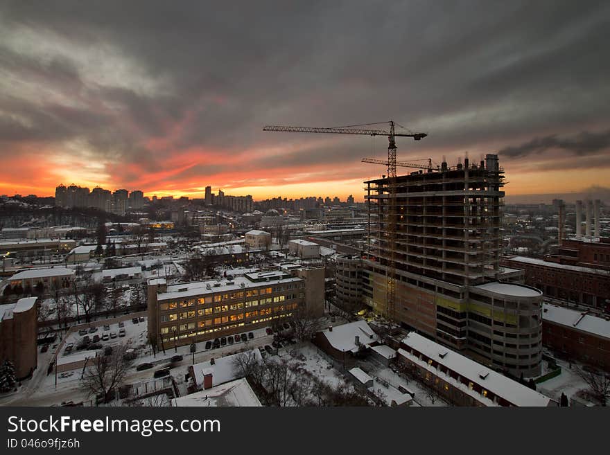 Building a skyscraper, winter landscape