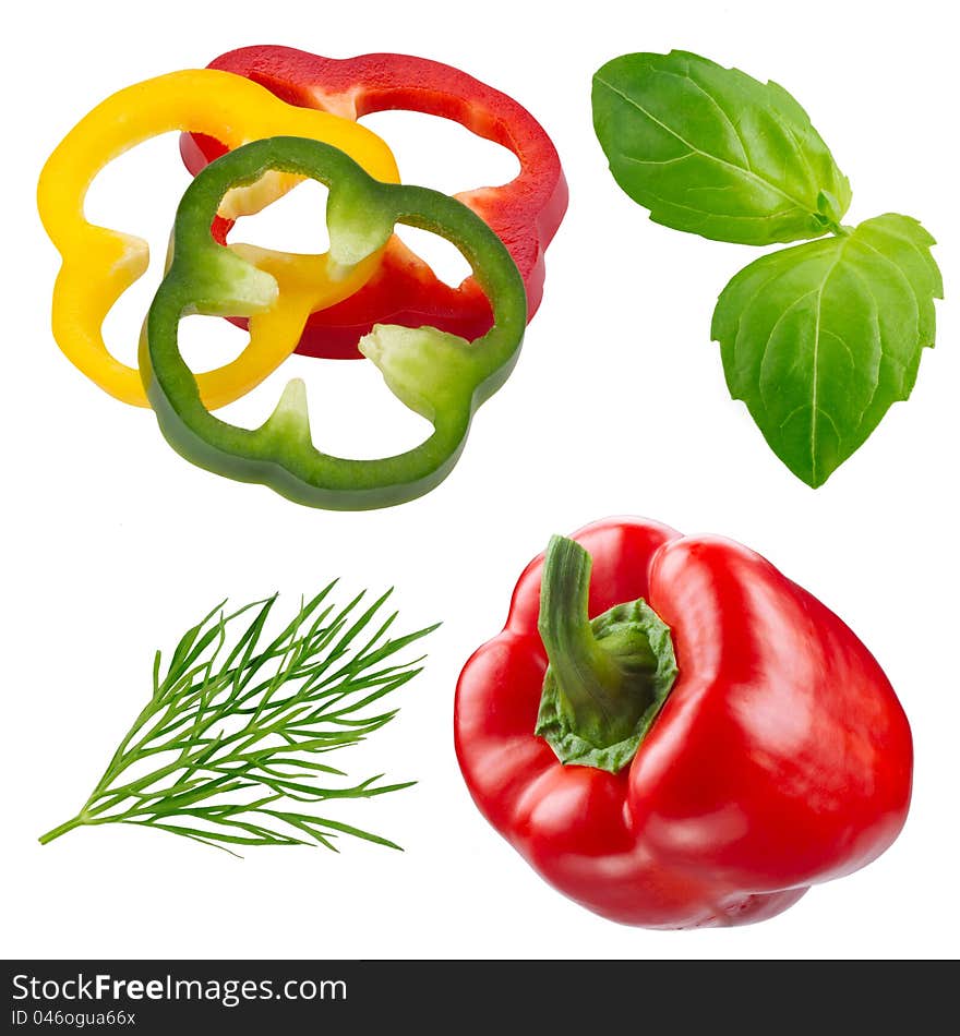 Fresh herbs and pepper isolated on white