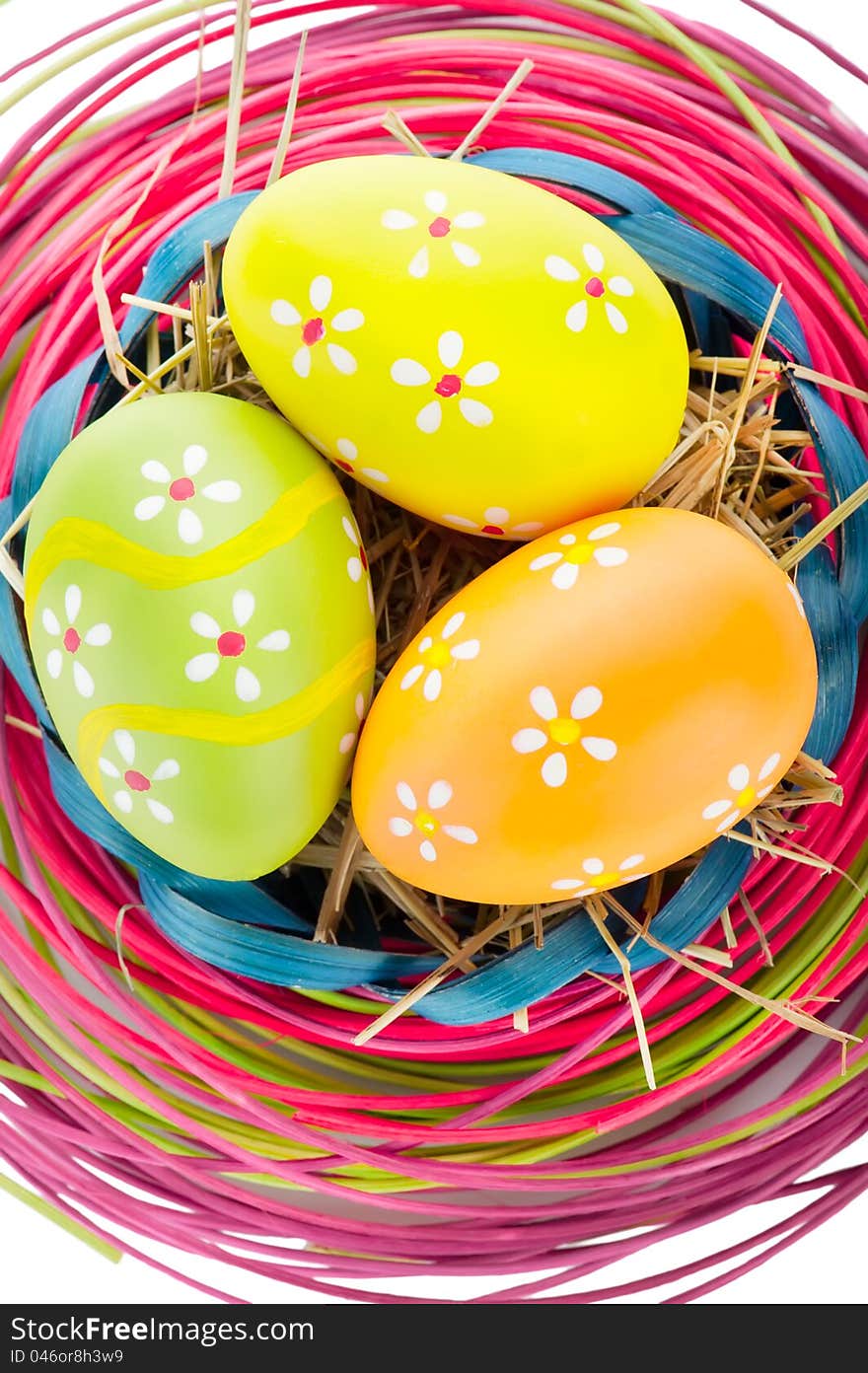 Easter background. Macro shot of painted eggs and easter decoration. Easter background. Macro shot of painted eggs and easter decoration