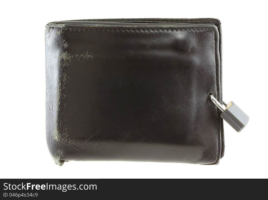 An Old Black Leather Wallet With A Pad Lock