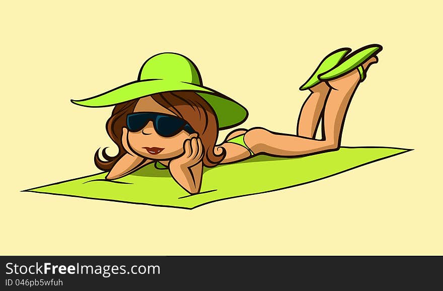 Illustration of a pretty girl on vacation, sunbathing on the beach. Illustration of a pretty girl on vacation, sunbathing on the beach