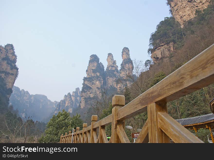 Wooden railing of the corridor.Zhangjiajie National Geopark. Wooden railing of the corridor.Zhangjiajie National Geopark