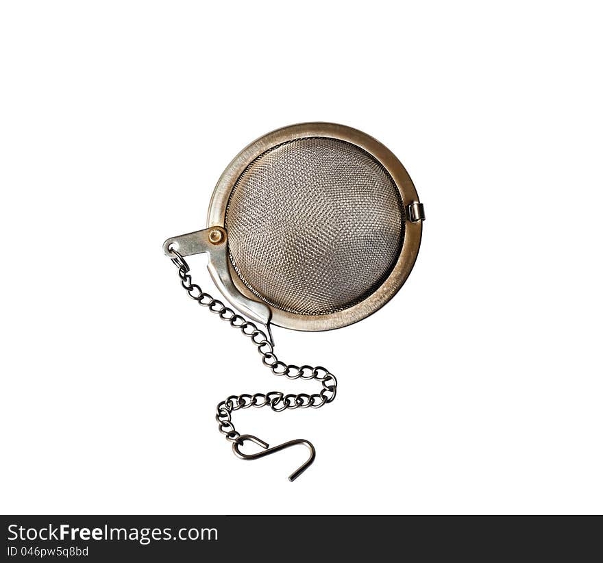 Tea strainer  after used in white background. Tea strainer  after used in white background