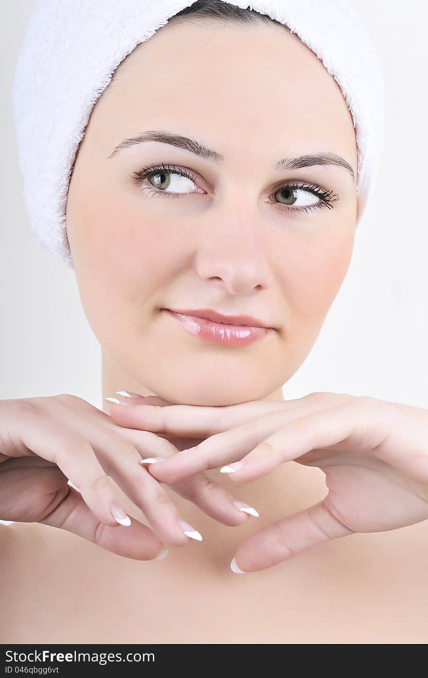 Beauty spa treatment woman wearing towel drying hair.