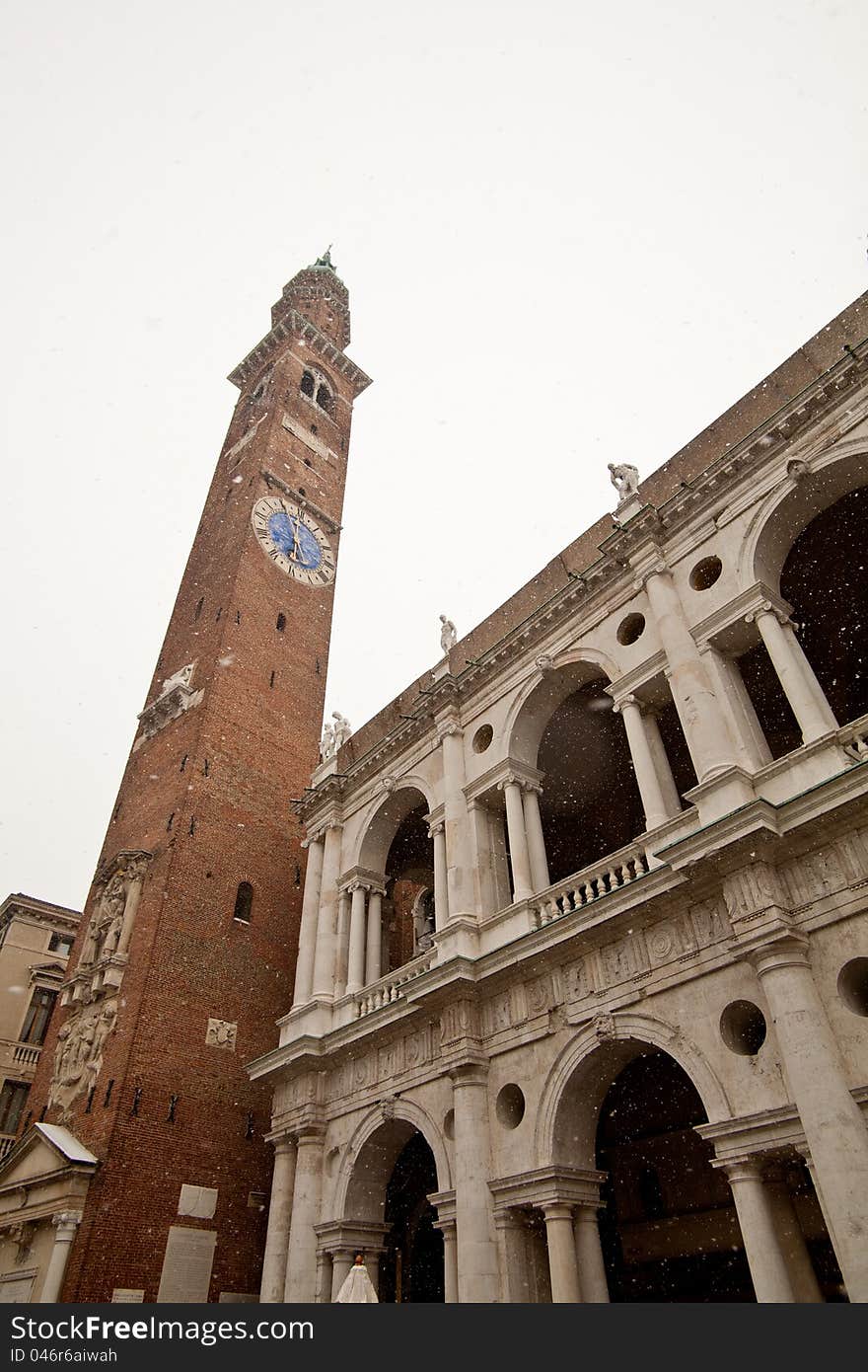 The most beautiful basilica ever made by Andrea Palladio during a snowfall in Vicenza, Italy. The most beautiful basilica ever made by Andrea Palladio during a snowfall in Vicenza, Italy