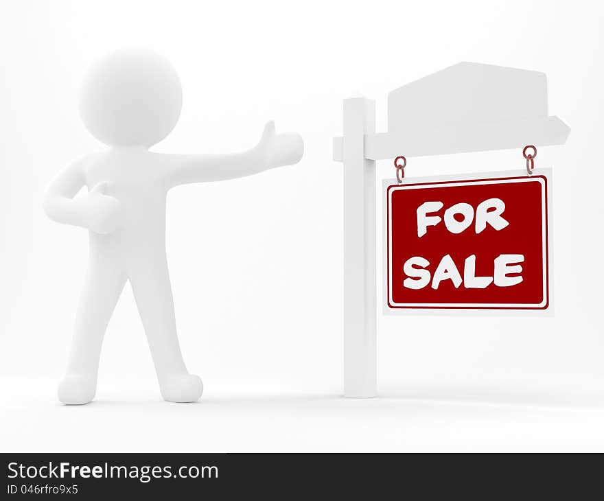 3d render of a human and a sale sign on a white background. 3d render of a human and a sale sign on a white background