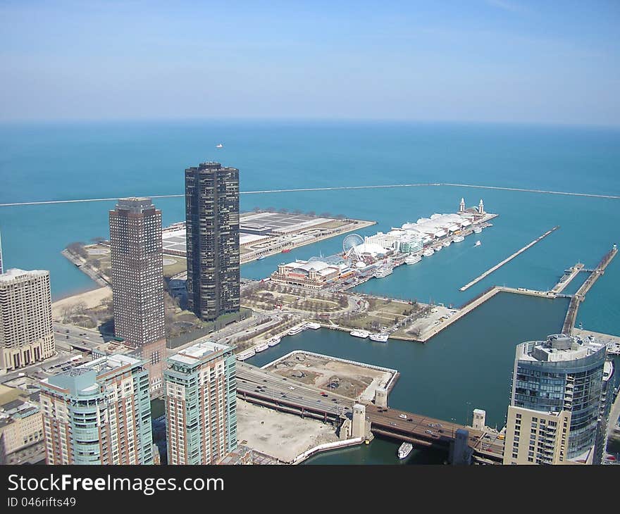 Aerial photo of Lake Point Tower and Navy Pier with a Lake Michigan background. Aerial photo of Lake Point Tower and Navy Pier with a Lake Michigan background.