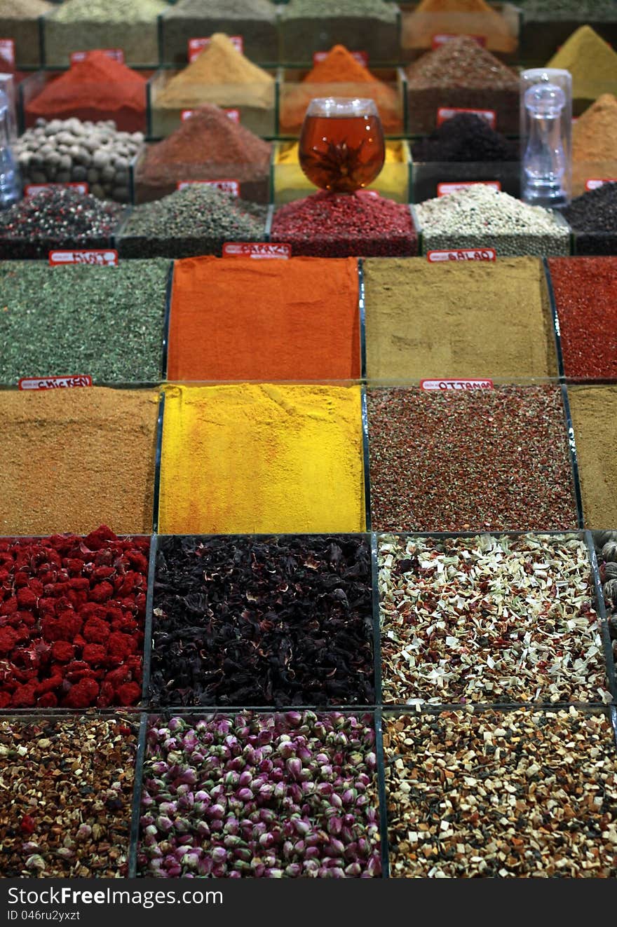 View of spice and herbal tea in the Spice Bazaar, Istanbul, Turkey. View of spice and herbal tea in the Spice Bazaar, Istanbul, Turkey.