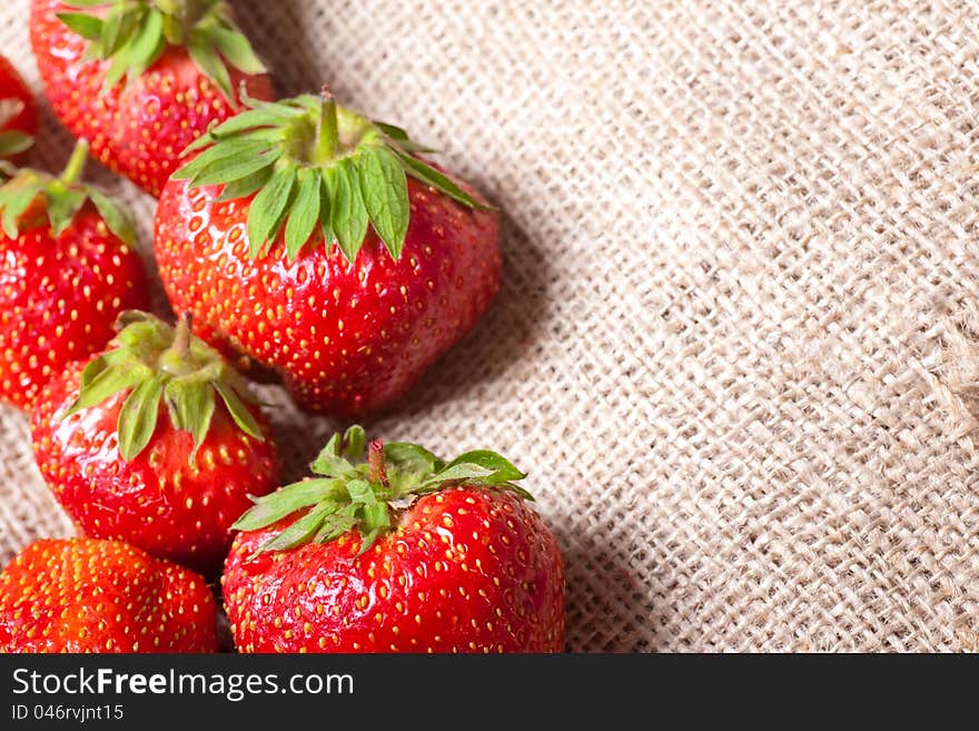 Fresh strawberies on bagging material background. Fresh strawberies on bagging material background