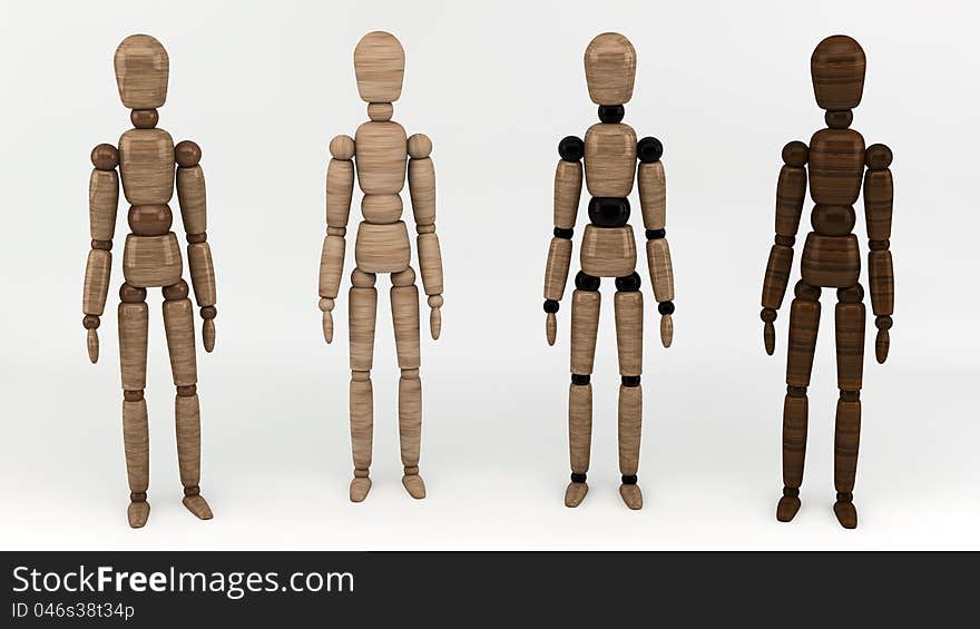 Modular, articulated wooden man figurines on white