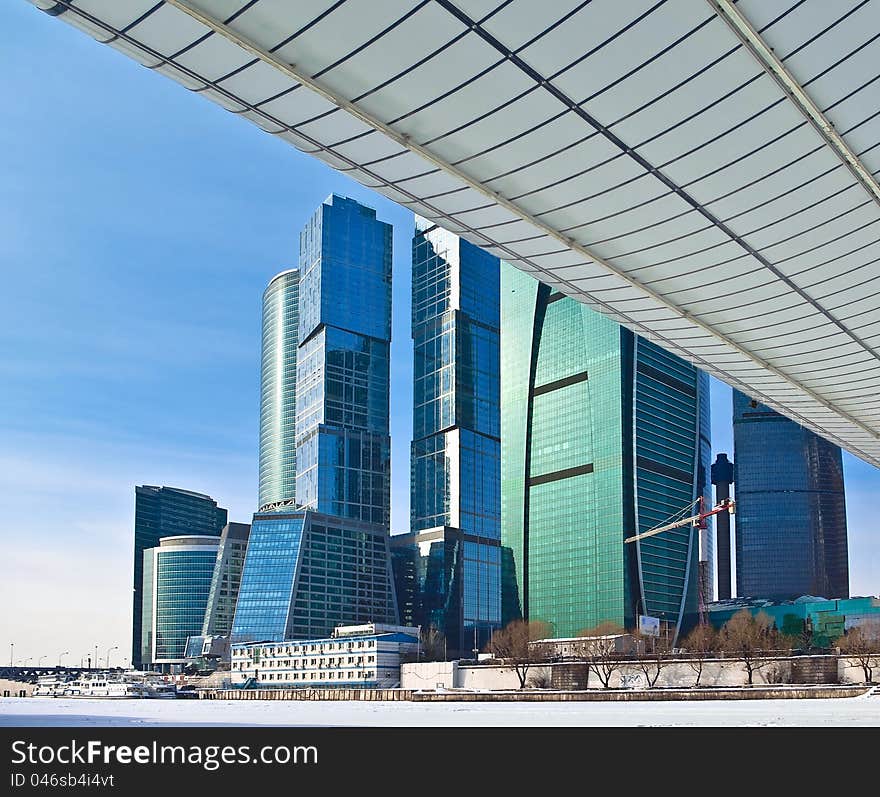 Moscow City. View from frozen Moskva River under the bridge Bagration. Moscow City. View from frozen Moskva River under the bridge Bagration