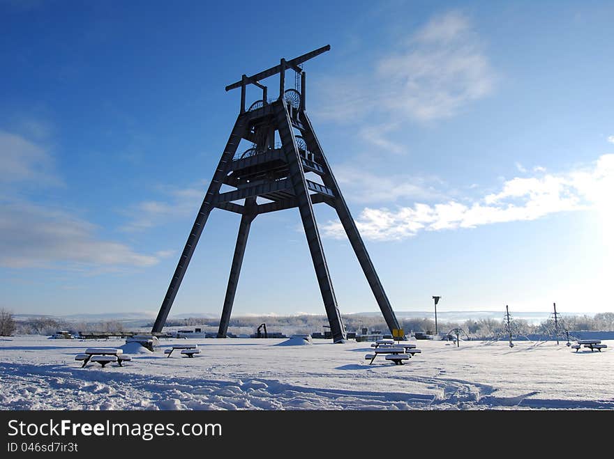 Mining headframe. Scottish historic monument to the mining industry, outside Auchinleck. Mining headframe. Scottish historic monument to the mining industry, outside Auchinleck