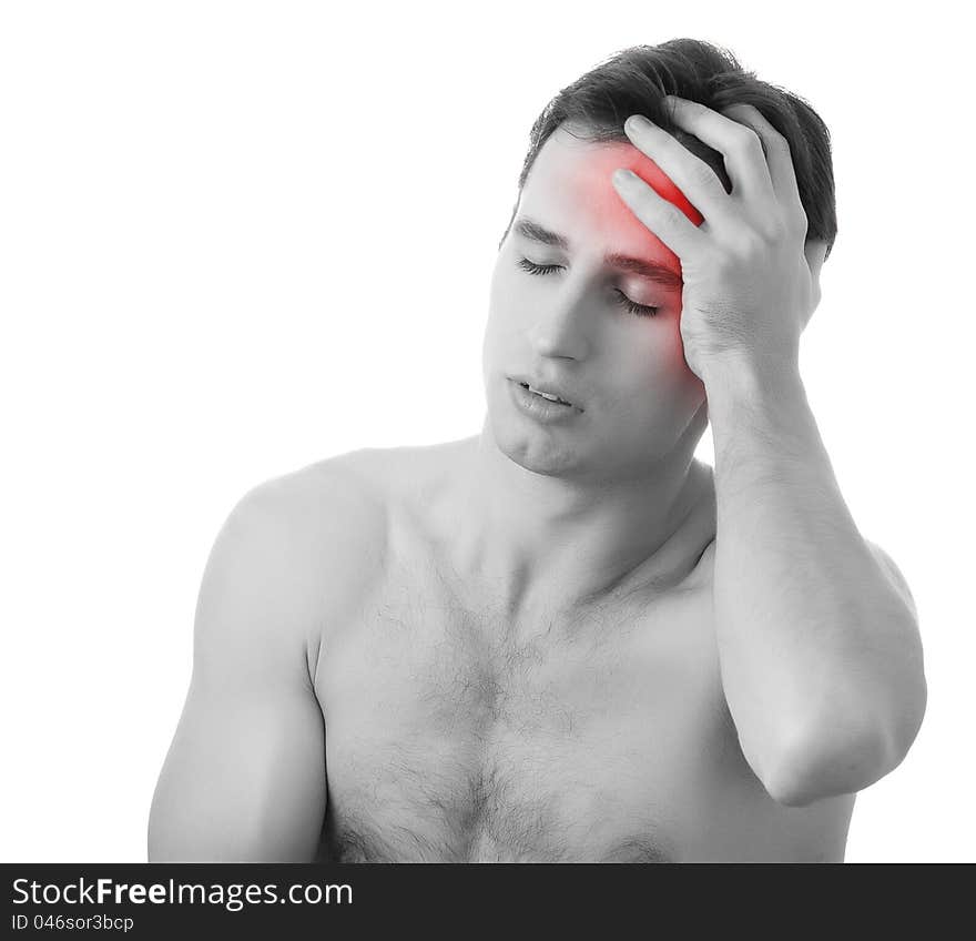 Man with headache isolated on white background, monochrome photo with red as a symbol for the hardening