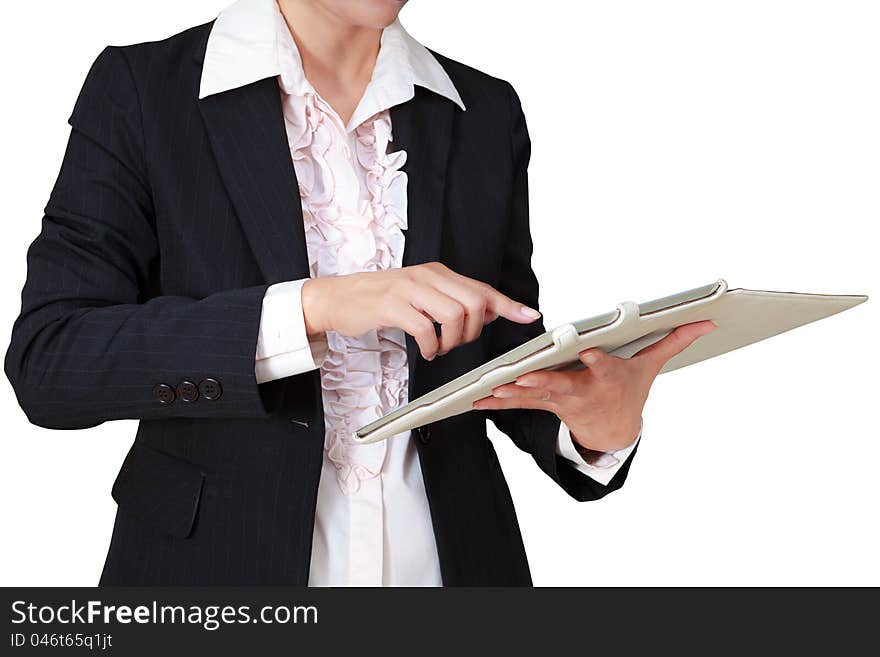 Business woman with touch pad computer, Isolated on white