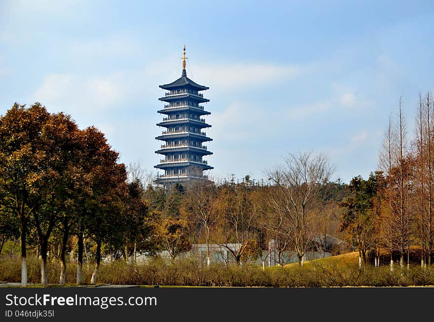 Spring pagoda in the woods，Taken in Jiangsu, China, a Forest Park，In early spring morning