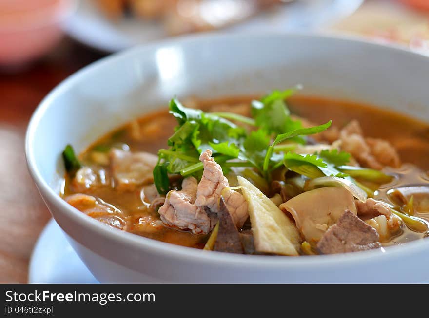 Close-up of pork spare rib soup , hot and spicy food. Close-up of pork spare rib soup , hot and spicy food