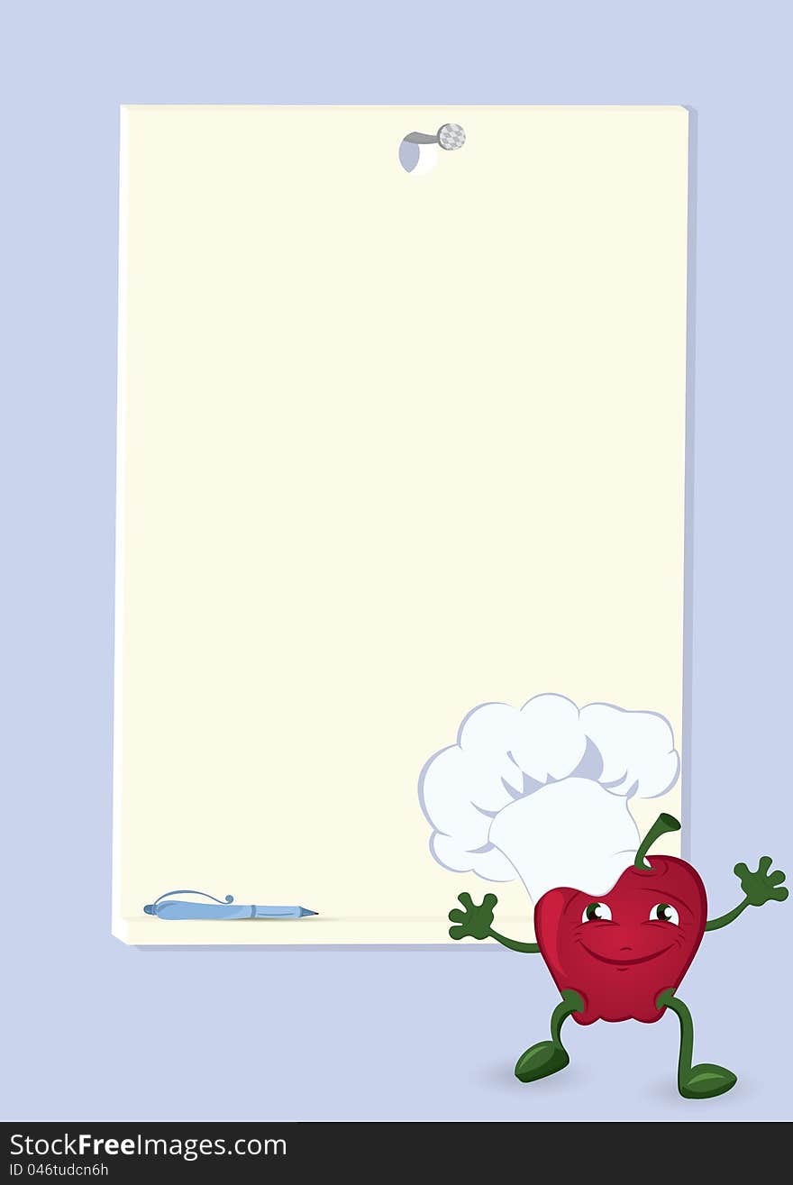 Apple cartoon character near  menu board  illustration. Apple cartoon character near  menu board  illustration