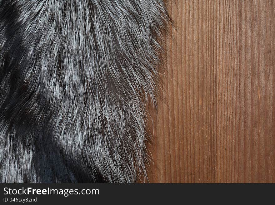 Closeup of natural silver fox fur on wooden surface