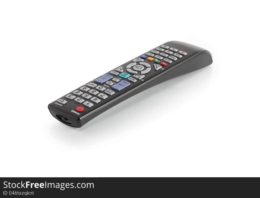 Modern black remote control on white background with reflection. Clipping path is included