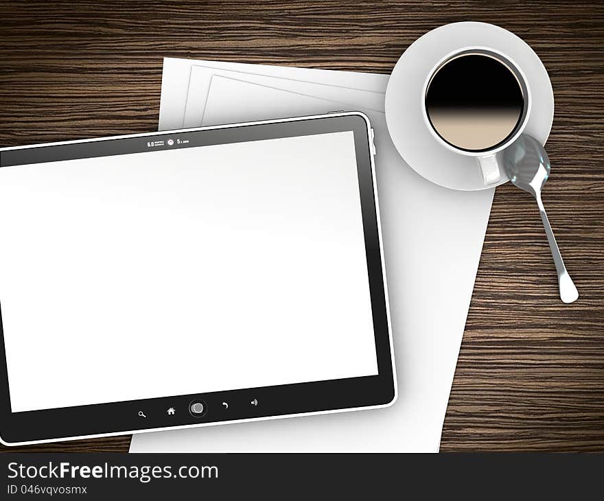 Ipade - Like Tablet PC with Notebook, Pen and Cup of Coffee on work table.