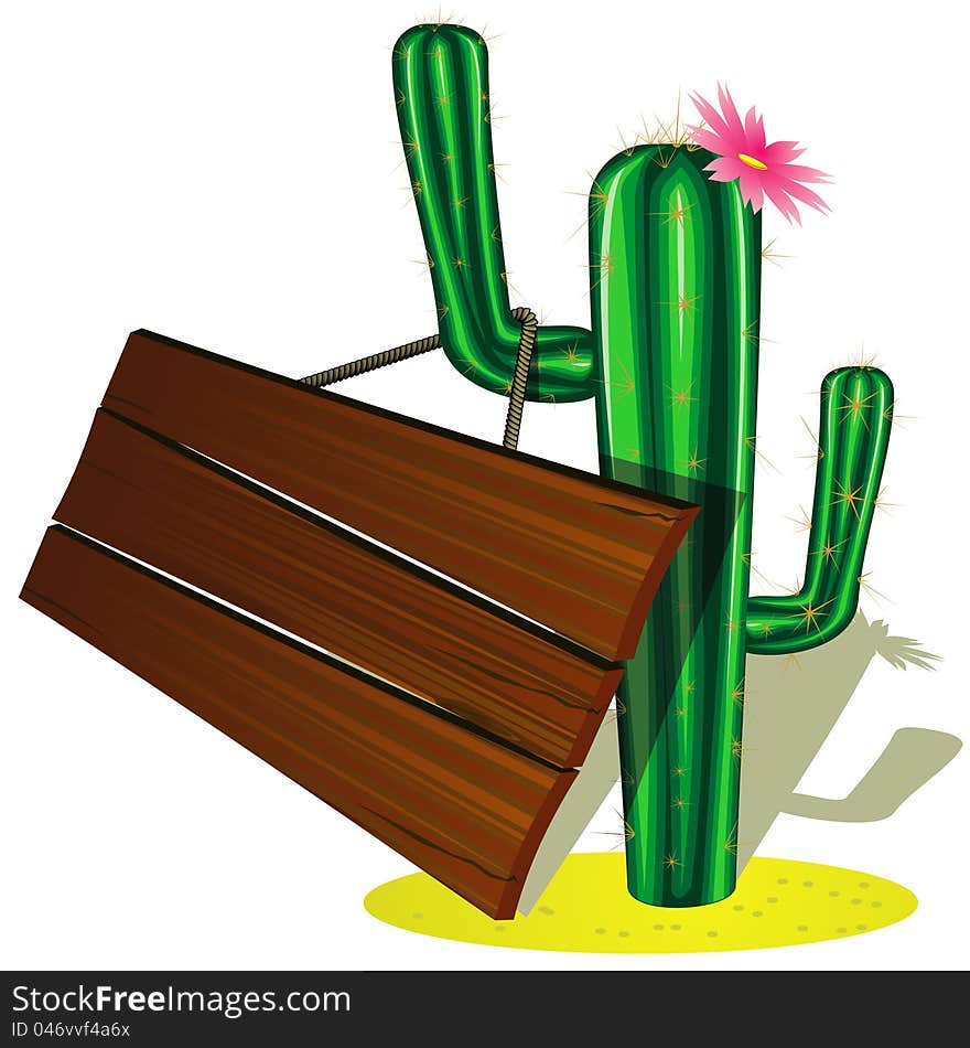 Green cactus with pink flower and wooden billboard. Green cactus with pink flower and wooden billboard