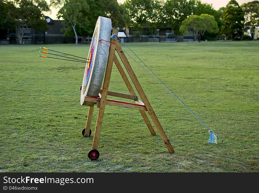 Archery shooting target on the grass field