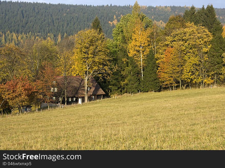 Holiday cottage in the Eagle Mountains, colorful cottage between the trees, autumn day in the Czech countryside, sunny autumn day in the countryside, rural beauty of the Czech Republic. Holiday cottage in the Eagle Mountains, colorful cottage between the trees, autumn day in the Czech countryside, sunny autumn day in the countryside, rural beauty of the Czech Republic