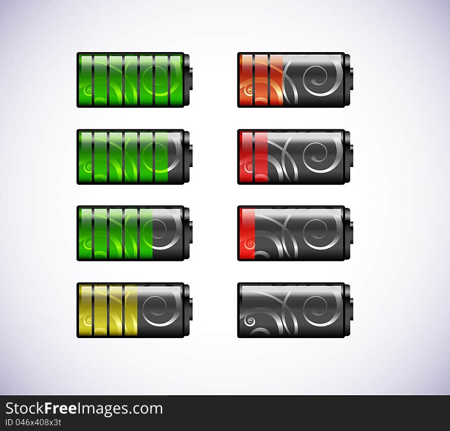 Vector batteries icons  on a with background. Vector batteries icons  on a with background