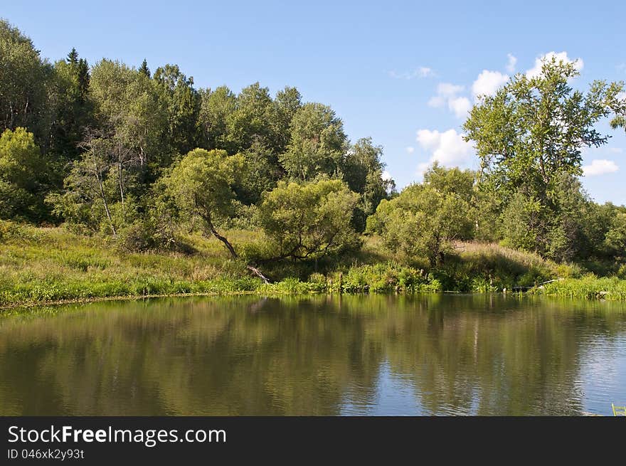 Riverbank of small quiet river in summer time. Riverbank of small quiet river in summer time