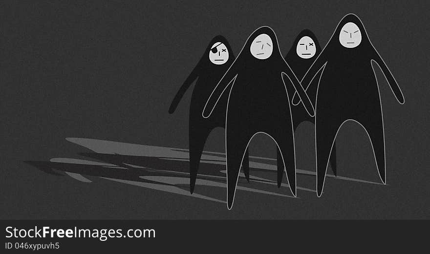 Four dark evil shadow on a gray background. Four dark evil shadow on a gray background