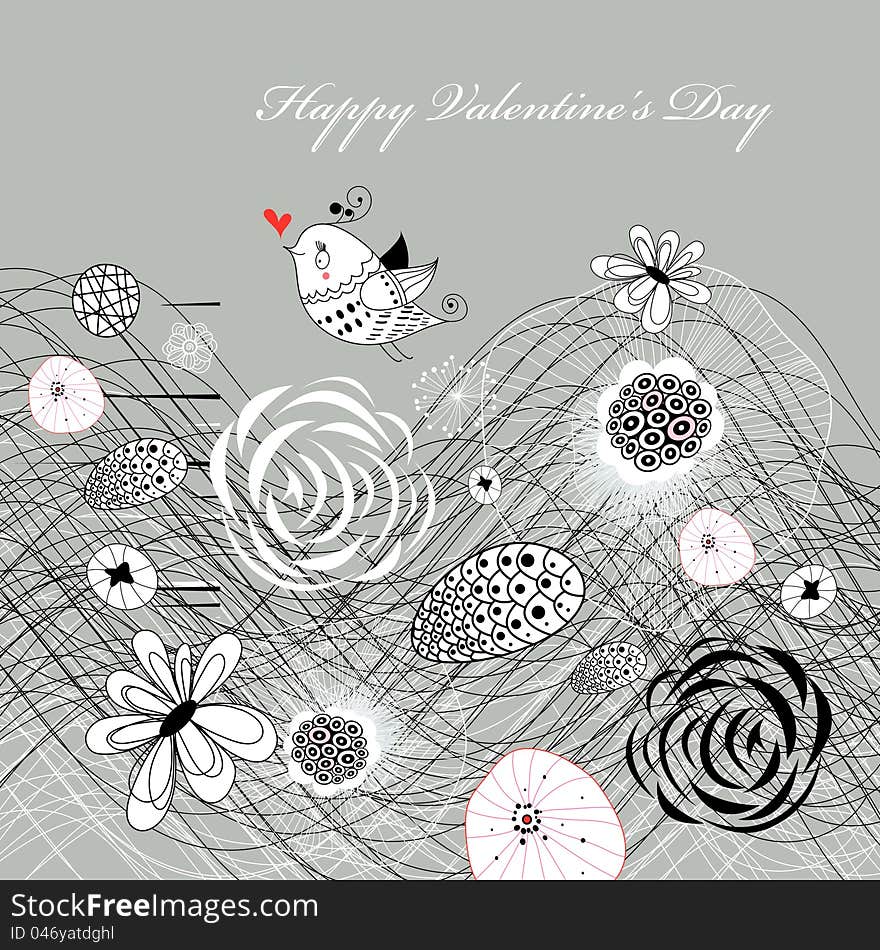 Graphical greeting card with a bird, and abstractions and flowers on a gray