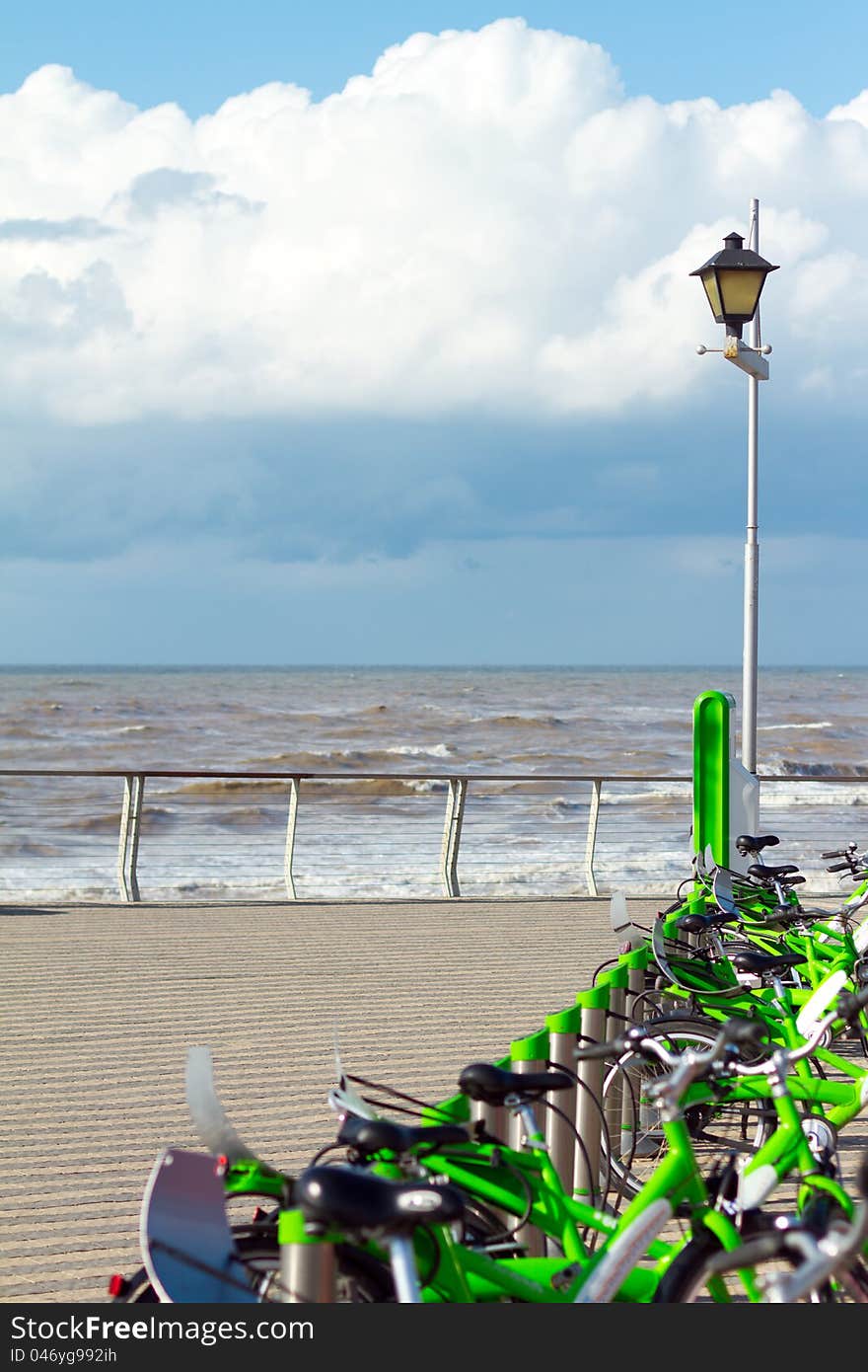 Bicycle rent on the beach of sea