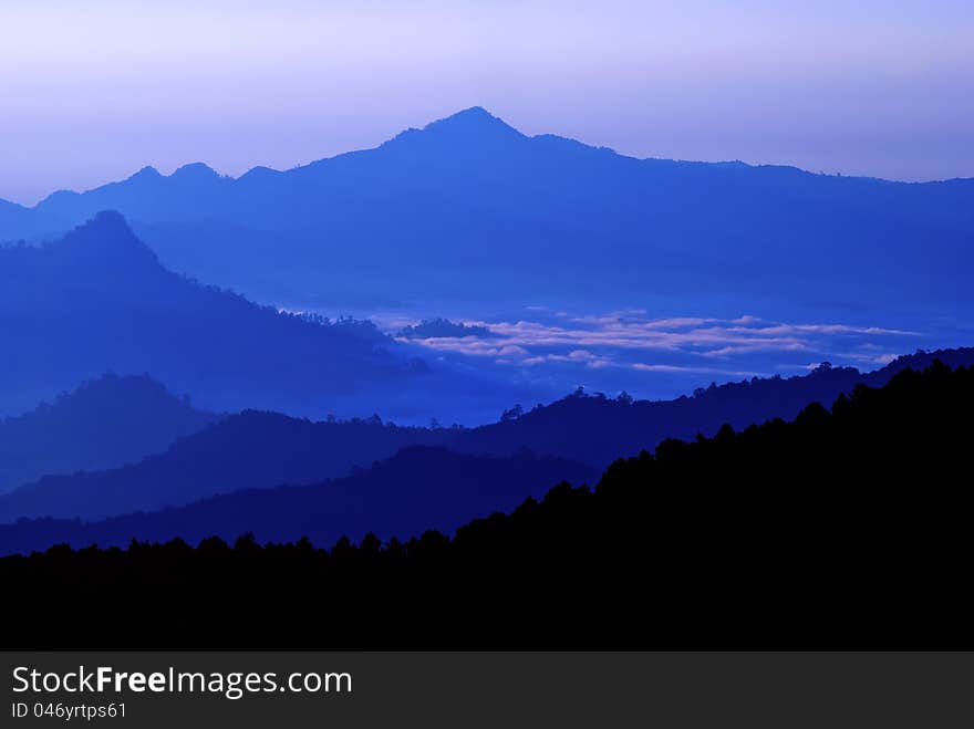 Blue silhouette mountain in North of Thailand