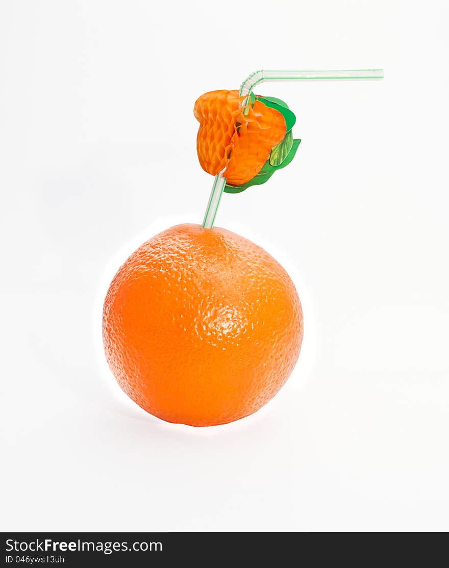 The orange with the duct for juice on the white background