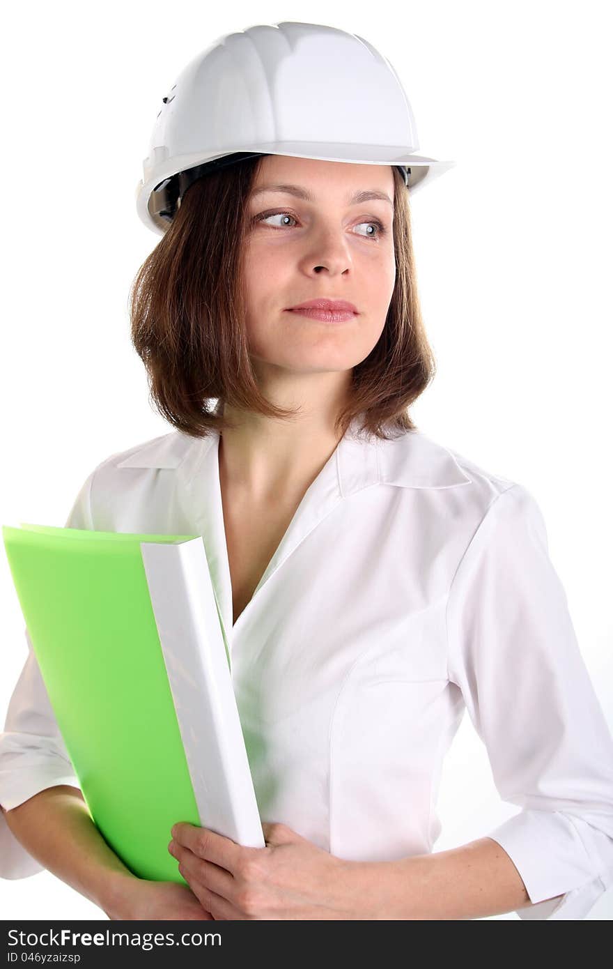 Girl in a hardhat with green folder