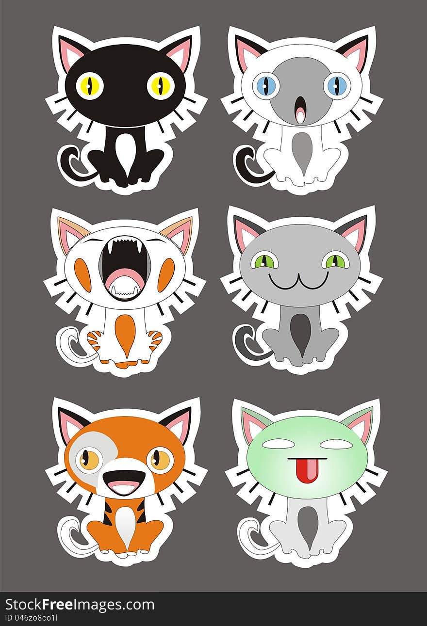 Six sitting kittens with different emotions and faces. Six sitting kittens with different emotions and faces