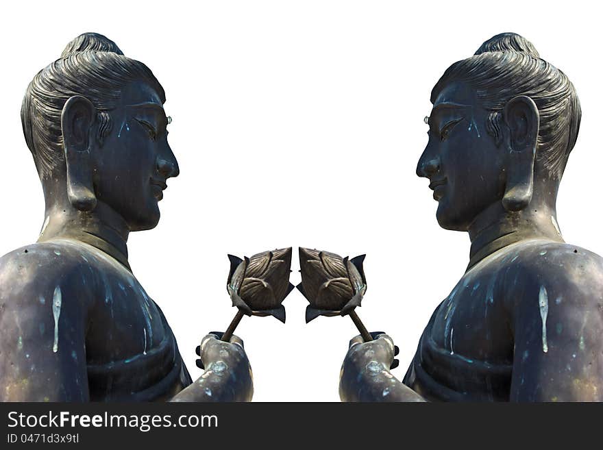 Two statues of Buddha holding a lotus on a white background. Two statues of Buddha holding a lotus on a white background.