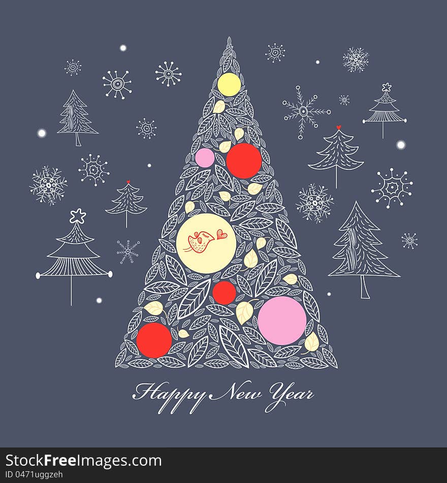 Christmas tree decoration on a dark blue background with snowflakes