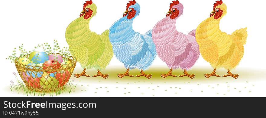 Four colorful funny hens and basket of easter eggs over white background. Vector illustration. Four colorful funny hens and basket of easter eggs over white background. Vector illustration