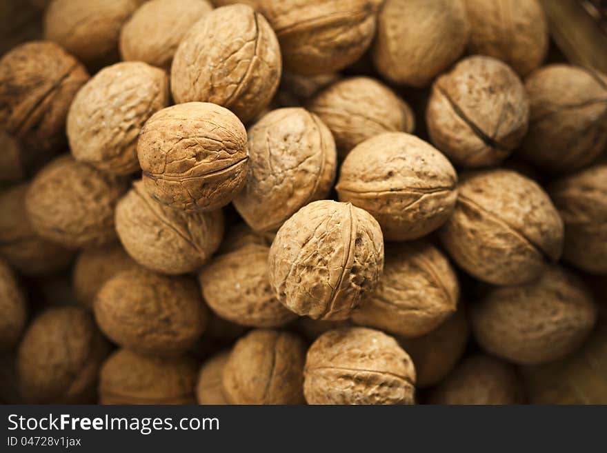 Group of walnuts on a market