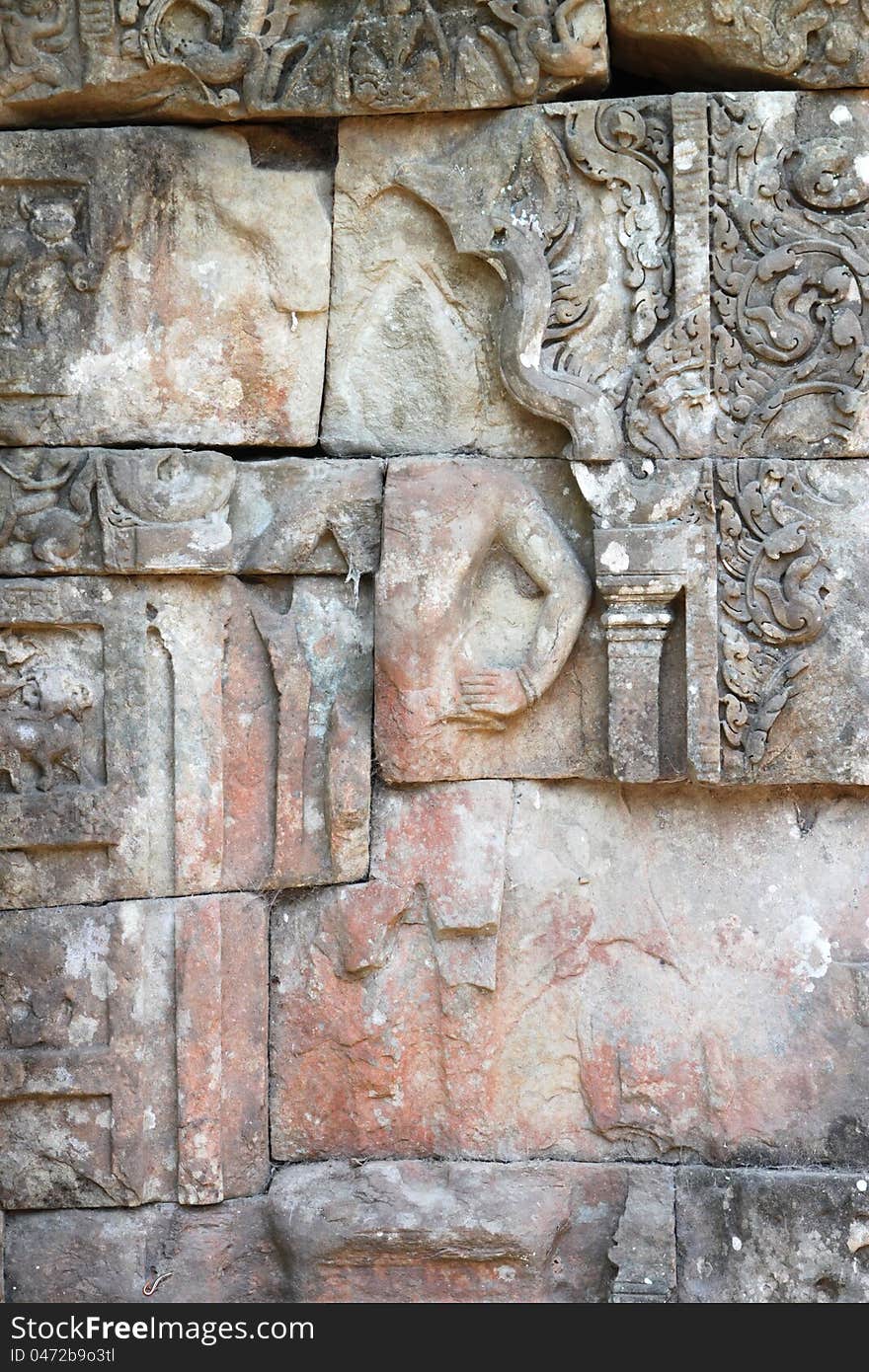 Stone carving on wall in palace of Angkor Thom, Siemreap