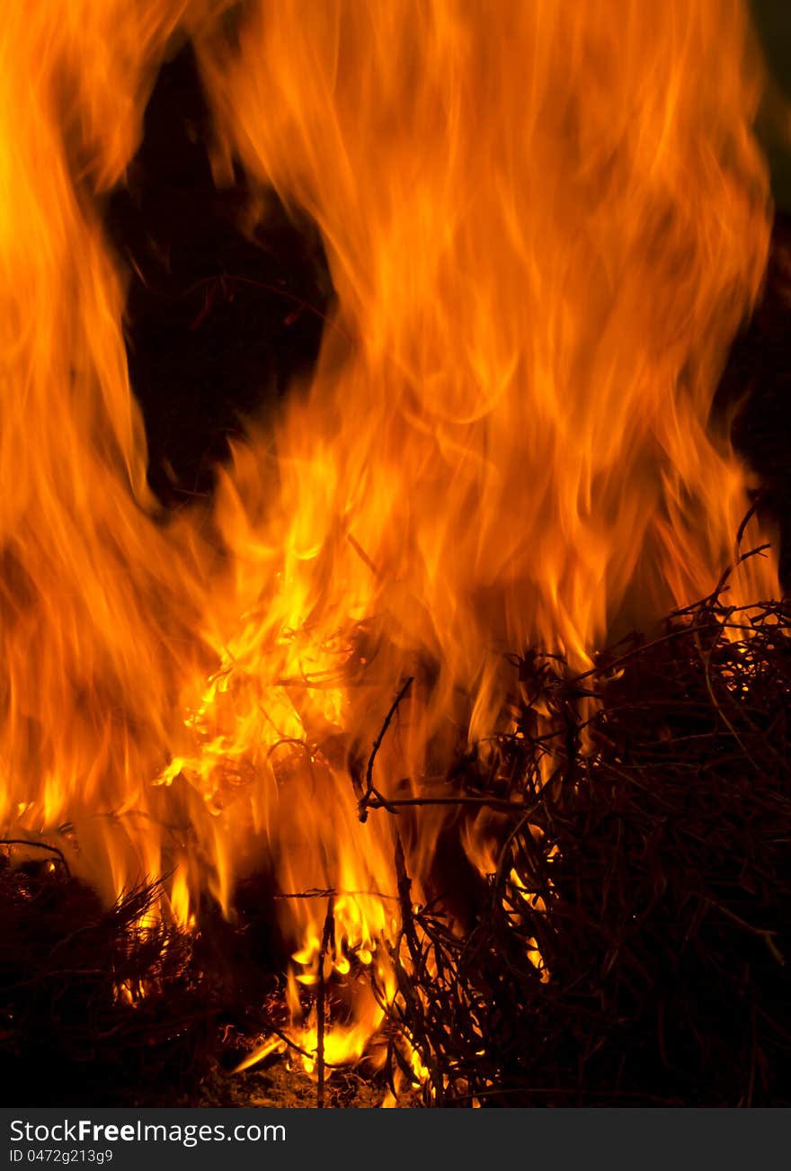 Fire with black background and wood burning. Fire with black background and wood burning.