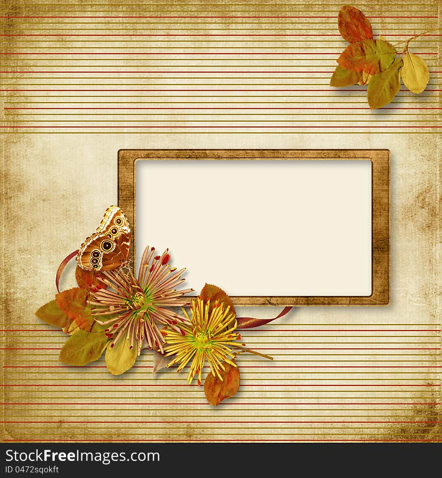 Vintage background with old frame and flowers