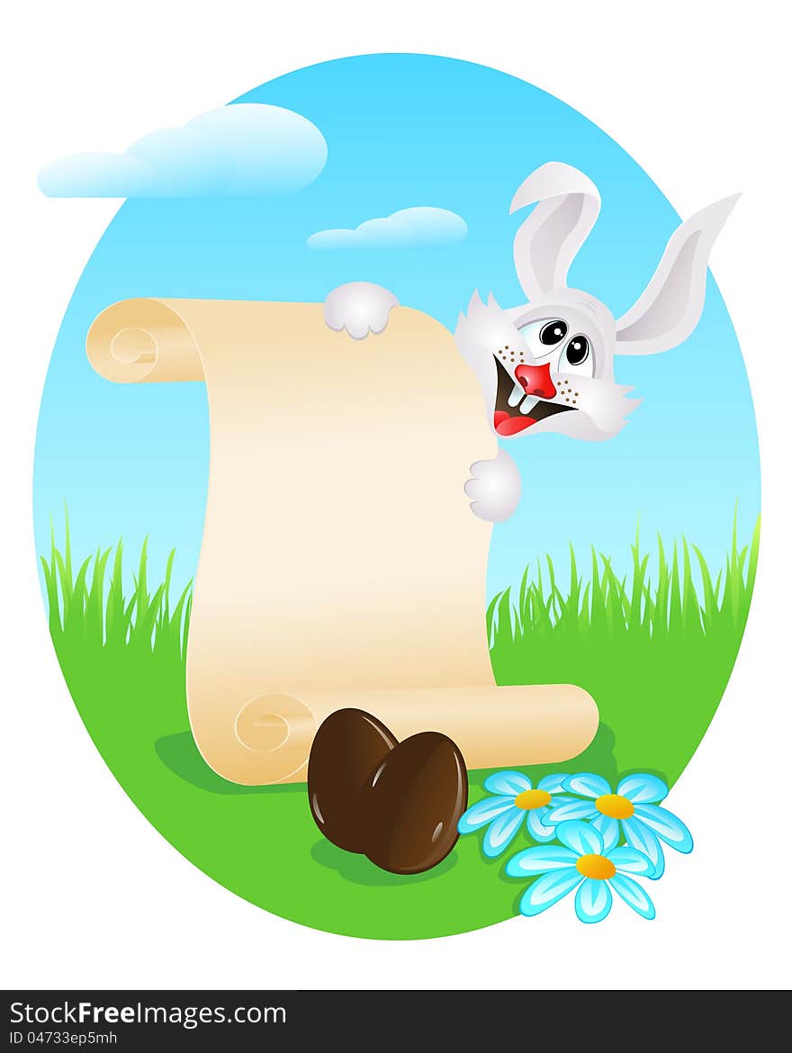 Easter bunny with paper scroll and chocolate eggs on a meadow