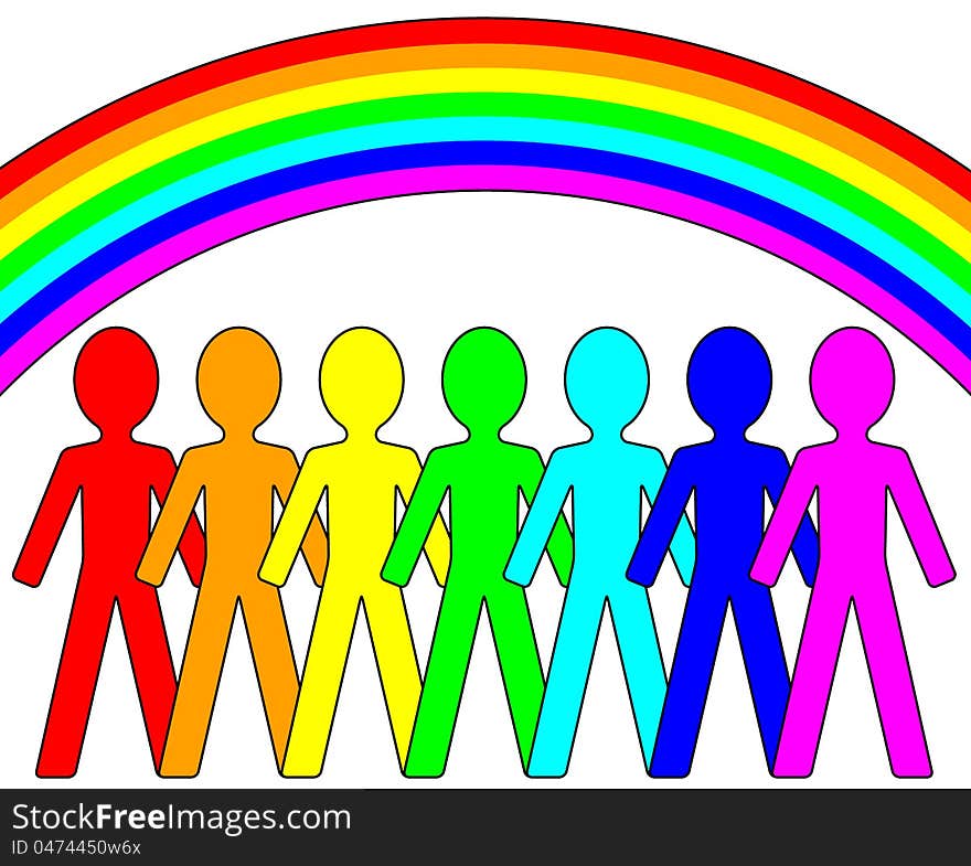 Simple concept of vector illustration Rainbow people. Silhouette of red, green, blue, yellow, orange, cyan and magenta character and rainbow. Simple concept of vector illustration Rainbow people. Silhouette of red, green, blue, yellow, orange, cyan and magenta character and rainbow.