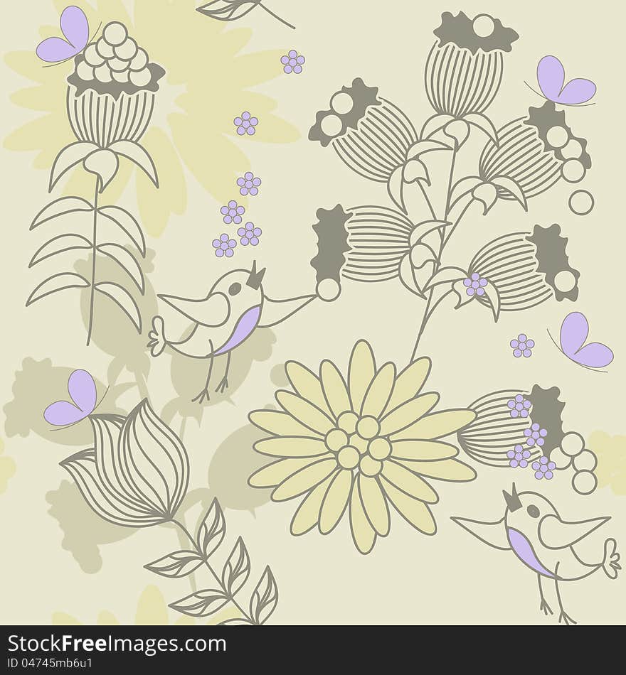 Illustration of sunny day with birds and flowers. Illustration of sunny day with birds and flowers