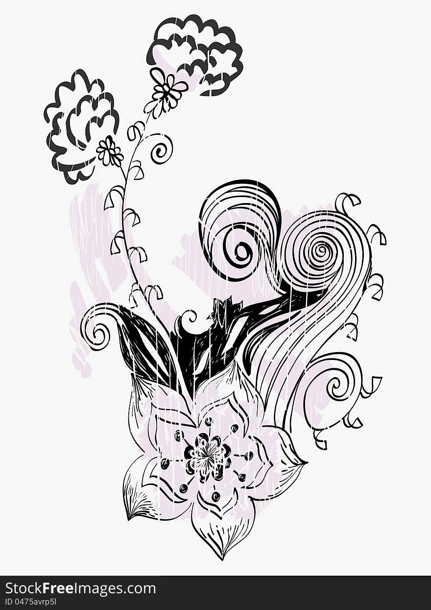 Illustration with hand-drawn flowers and design element.